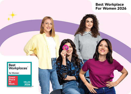 Τέσσερις χαμογελαστές γυναίκες σε casual outfits, με το λογότυπο 'Best Workplaces for Women – Great Place To Work Hellas 2026' και τον τίτλο 'Best Workplace For Women 2026'.